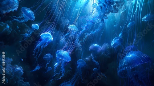Small jellyfishes illuminated with blue light 