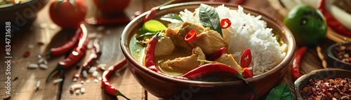 A delicious and authentic Thai green curry with chicken, vegetables, and jasmine rice