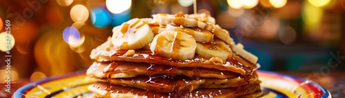A decadent stack of pancakes topped with bananas and drizzled in caramel sauce.