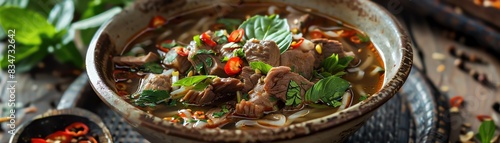 A steaming bowl of Vietnamese beef noodle soup, with rare flank steak, rice noodles, bean sprouts, and fresh herbs. The soup is served with a side of chili sauce and lime wedges.