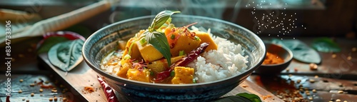 A delicious and healthy meal of tofu curry with jasmine rice, garnished with fresh basil and red chili peppers