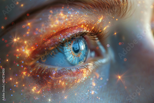 宇宙の輝きを映した人の目、目の周りに光る星屑と色とりどりの光、目は明るい青で、鮮やかなオレンジと金色の光が瞼を照らしている、幻想的で神秘的な表現