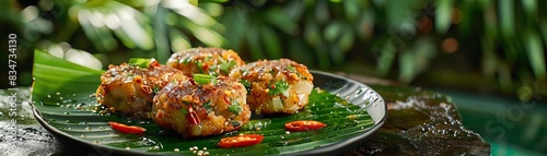 A plate of delicious and crispy crab cakes, made with fresh crab meat, served with a spicy chili sauce and a side of jasmine rice.