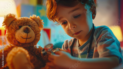 Child examining stuffed animal with toy otoscope in dimly lit bedroom, showing curiosity and concentration.