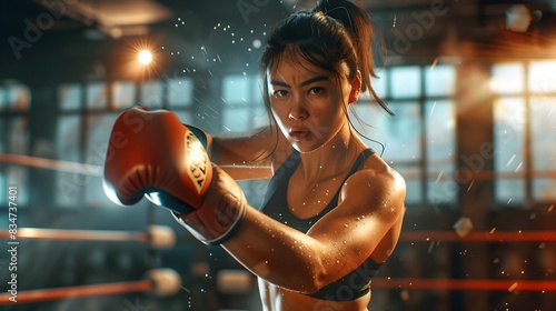 Asian Female Boxer Throwing Jab in Dimly Lit Gym with Clean Background