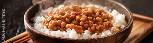A traditional dish of natto fermented soybeans stirred and served over rice in a wooden bowl, showcasing the stringy texture vividly