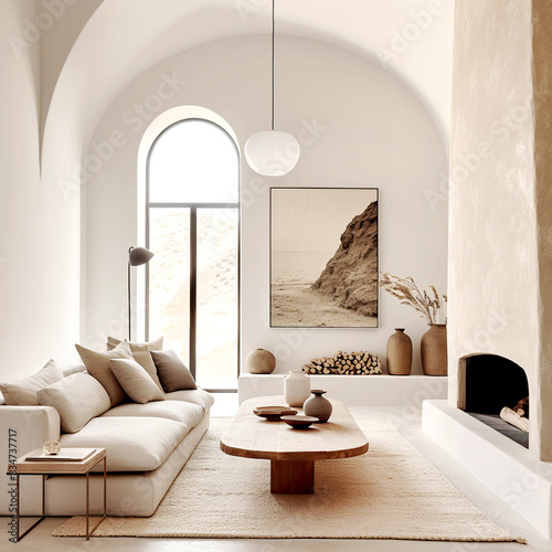 Sofa against fireplace in room with arch window and ceiling. Mediterranean interior design of modern living room.