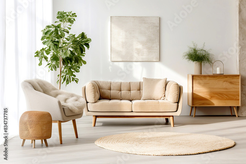 Beige sofa and armchair against window. Wooden dresser near white wall with poster. Scandinavian interior design of modern living room.