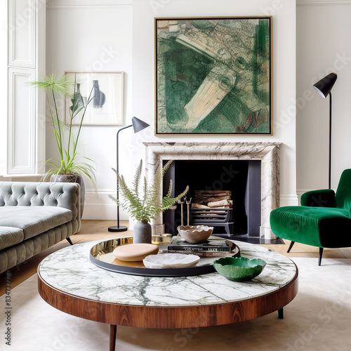 Marble coffee table near grey sofa and green velvet armchair against fireplace. Art deco style interior design of modern living room.