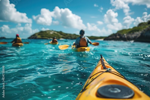 Friends kayaking around their yacht, exploring the serene waters and beautiful islands. The close-up captures their adventurous spirits and the stunning sea, with a picturesque island in the