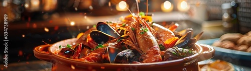 Aromatic French bouillabaisse in a large terracotta pot, seafood prominently displayed, rustic coastal kitchen, early evening lighting