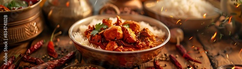 Chicken vindaloo, spicy Goan curry served with rice, cozy beach shack in Goa
