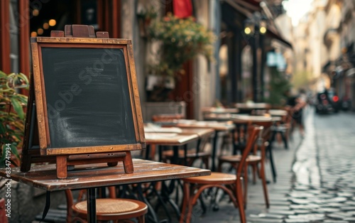 Rustic Chalkboard on Outdoor Cafe Table in European Street – Design for Print, Poster, Menus