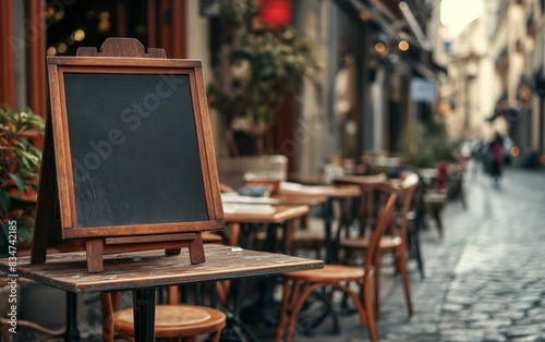 Vintage Chalkboard on Outdoor Cafe Table for Promotions, Menus, or Announcements in Cobblestone Alley