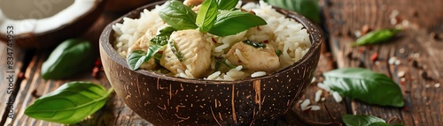 Green curry with chicken, served in a coconut bowl, surrounded by jasmine rice and fresh basil leaves, soft natural lighting
