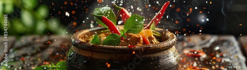 Jungle curry, wild and spicy with fresh Thai herbs, served in a clay pot, rustic village cooking scene
