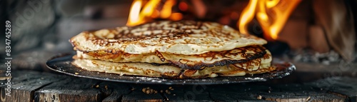 Kosovar flija, layered pancake with cream, cooked over an open flame, rural setting, traditional stone oven, family gathering