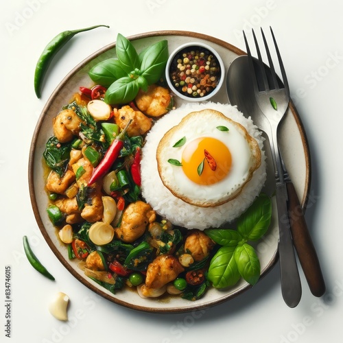 Pad Kra Pao (Thai basil chicken) with egg flies on stream rice