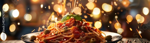 Pasta puttanesca, spicy tomato sauce with olives and capers, candlelit Italian dinner