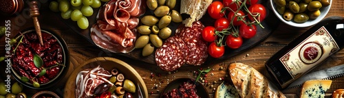 Platter of Italian antipasti featuring cured meats, cheeses, and olives, overhead shot with a bottle of Chianti, traditional Tuscan vineyard in the distance