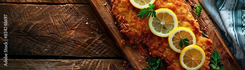 Schnitzel, breaded and fried cutlet, served with lemon slices, Austrian mountain inn