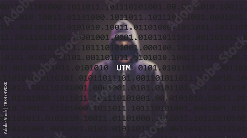 Cyber attack utm text in foreground screen, anonymous hacker hidden with hoodie in the blurred background. Vulnerability text in binary system code on editor program.