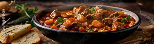 Side view of a steaming bowl of Hungarian goulash, rich and hearty with chunks of beef and vegetables, rustic bread on the side, warm kitchen setting