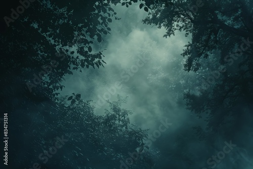 Dark mystic foggy forest background. AI generative
