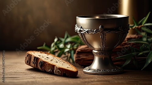 Communion Holy. Easter Communion Still life with chalice of wine and bread.