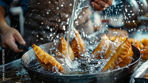 The photo shows a chef frying empanadas in a pan. The empanadas are golden brown and look delicious. The chef is carefully watching the empanadas to make sure they don't burn.