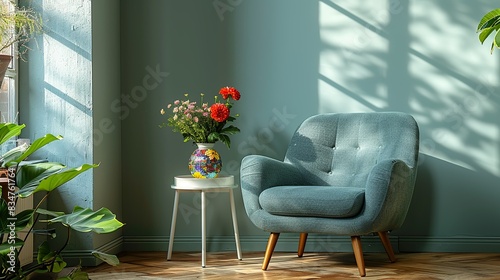 A green accent chair with a plush cushion and wooden legs, positioned beside a small, white side table holding a colorful vase of fresh flowers.