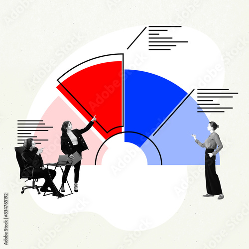 Strategic meeting with employees involved in decision-making processes. Working with strategy and analytics. Conceptual design. Art collage. Concept of business, best practice, benchmarking