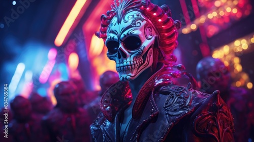 Futuristic Skull Mask at Neon-Lit Costumed Event