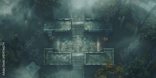 drone photography style image of map, metal corridors, dark, foggy, scary