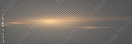 Golden line of light. Glowing glare, horizontal beam. On a transparent background.