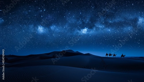 Huge sand dunes of the desert, camel caravans and starry night scenes, the Milky Way against a white desert background, 3D rendering creates a realistic style with fine textures and spectacular views 
