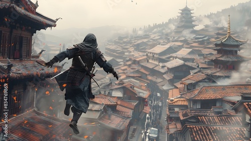 Ninja Stealth Run Across Rooftops of Ancient Asian City Skyline