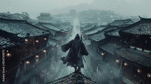 Ninja Silhouette Dashing Through Moody Rooftops of Fantasy City Skyline
