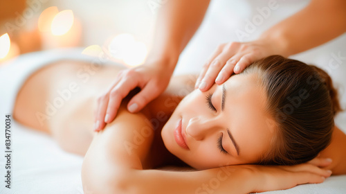 A woman receiving a head massage at a spa, warm bokeh lighting in the background, concept of relaxation and wellness. Generative AI