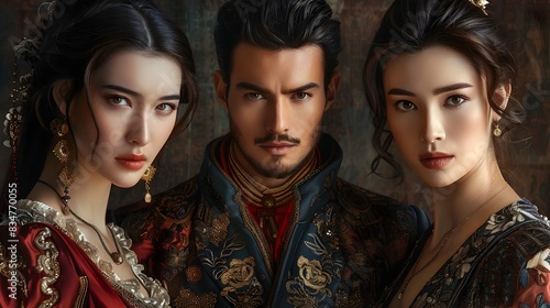 Powerful Aristocrat with Two Elegant Wives in Ornate Traditional Attire
