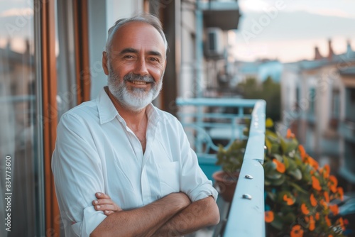 Portrait of a mature male enjoying outdoor city weather, happy man on his apartment terrace with return of fine days.