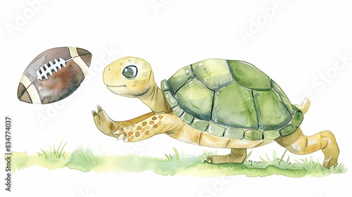 Turtle as a football kicker making a field goal, complete with a cute,The scene is set against a pure white background