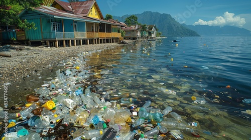 A coastline littered with plastic waste, underscoring the pervasive threat of pollution to marine life and coastal communities.