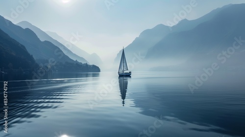 A sailboat gently floats on a serene lake, surrounded by majestic mountains. The scene is breathtaking.