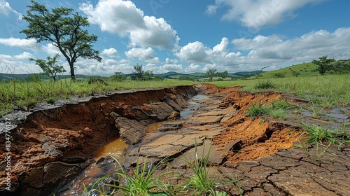 A deforested hillside eroded by rainfall, exemplifying the cascading environmental effects of deforestation on soil erosion and biodiversity loss.