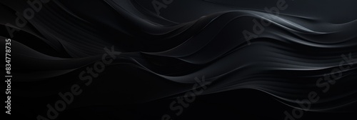 Abstract black silk texture background with flowing, wavy patterns and smooth gradients. Horizontal image with space for text.Luxury design, black elegance, abstract background, smooth silk, dark wa