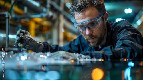 A technician testing industrial wastewater for contaminants, underscoring the need for stringent pollution control measures in manufacturing processes.