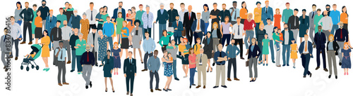 illustration vectorielle montrant une foule multi raciale de personnages d'âges et de culture différents. Familles, personnes âgées, enfants et personnes au travail en flat design.