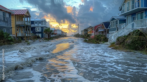 A coastal community bracing for a storm surge, emphasizing the vulnerability of coastal regions to extreme weather events intensified by climate change.