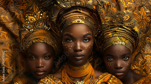 African goddess and her servants celebrating rich African culture with stunning golden attire and radiant patterns.